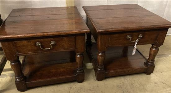 A pair of 18th century style oak square topped lamp tables, width 59cm, depth 59cm, height 50cm